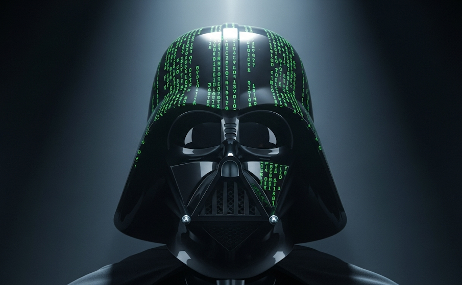 A cinematic close-up of Darth Vader's helmet, with its surface textured by glowing green Star Wars ASCII code